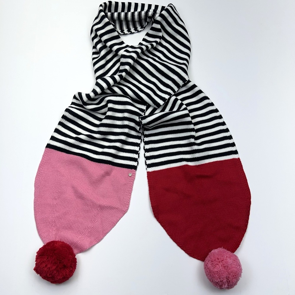 Kate Spade New York Stripe Pom Scarf Black White Charm Red Knitted 9.5"x81" NWOT